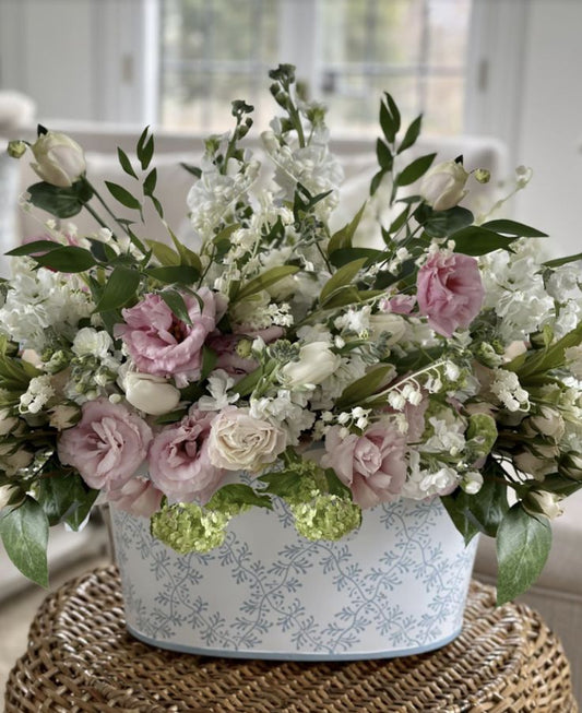 White & Pale Blue Trellis Scalloped Planter