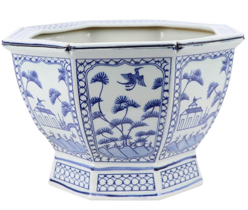 Mid Size Soft Blue Floral and Village Hexagon Planter