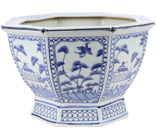 Mid Size Soft Blue Floral and Village Hexagon Planter