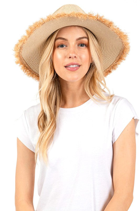 Frayed Band 2 Tone Straw Sun Hat