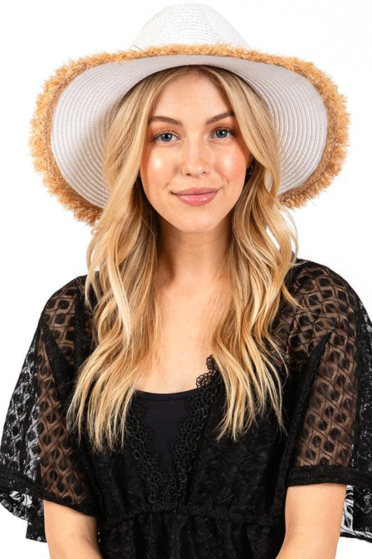 Frayed Band 2 Tone Straw Sun Hat
