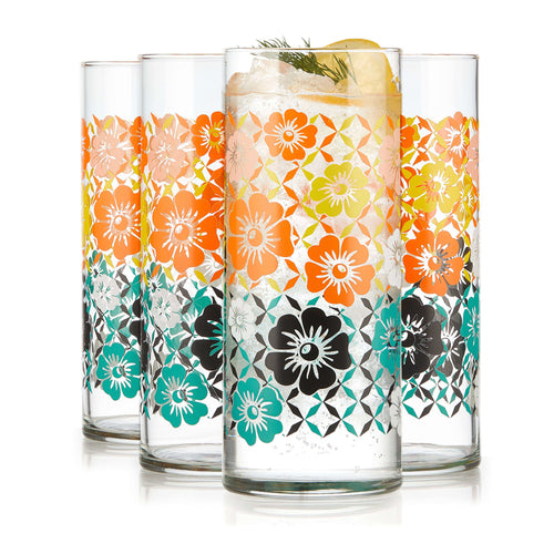 Libbey Vintage Flower Power Cooler Glasses, 16 ounce, Set of 4
