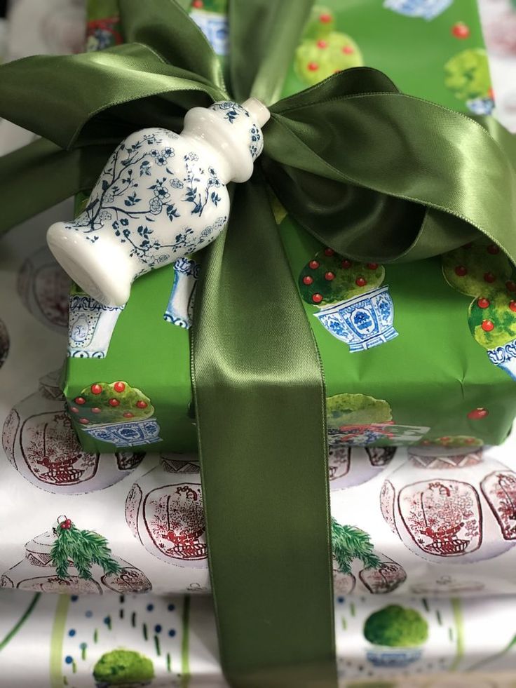 Reversible Green Topiary and Green Boxwood Gift Wrap