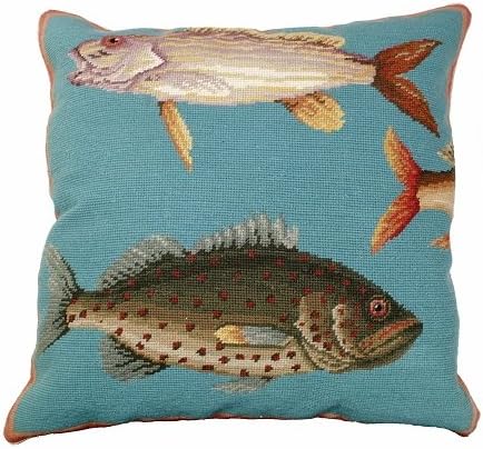 Michaelian Home Saltwater Fish 20 x20 inches Luxury Needlepoint Pillow, Beige Velvet Back