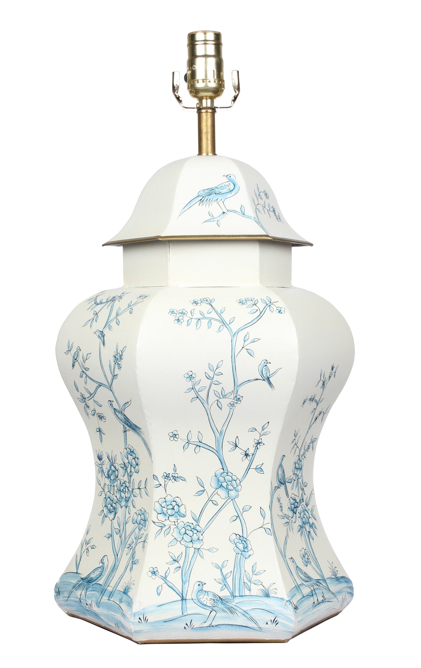 Ivory & Blue Scalloped Hexagon Lamp