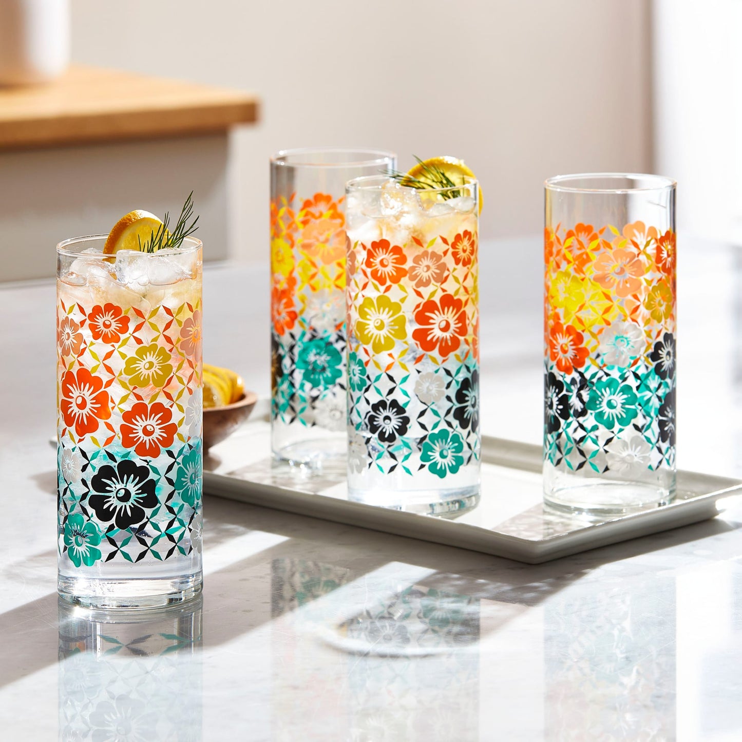 Libbey Vintage Flower Power Cooler Glasses, 16 ounce, Set of 4