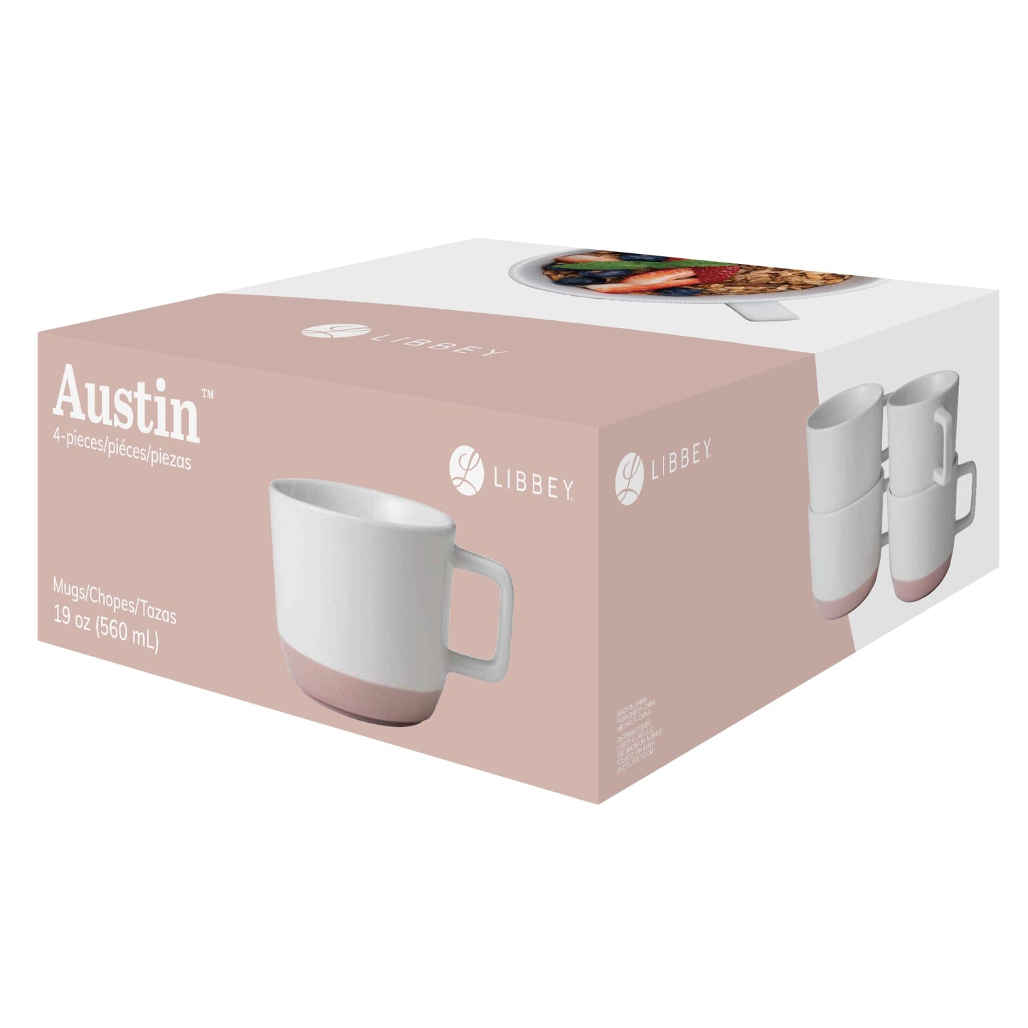 Libbey Austin 17.5 ounce Large Porcelain Coffee Mug, Set of 4, Himalayan Salt Pink
