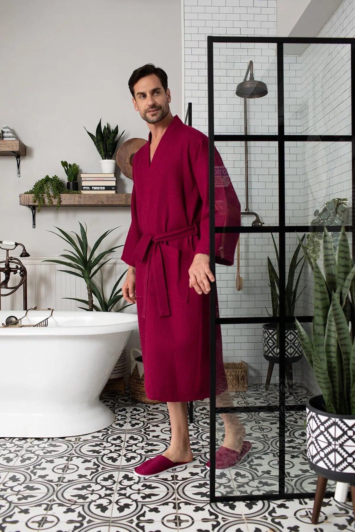 Waffle Kimono Spa Bathrobe for Men -  Absorbent, Lightweight