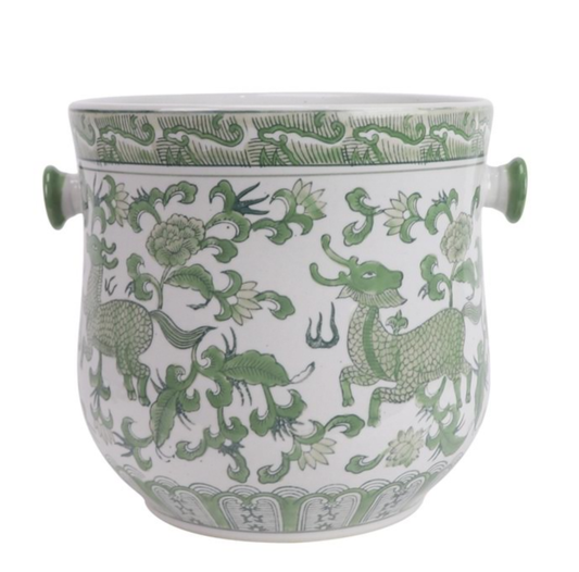 Green & White Bamboo Handle Ice Bucket