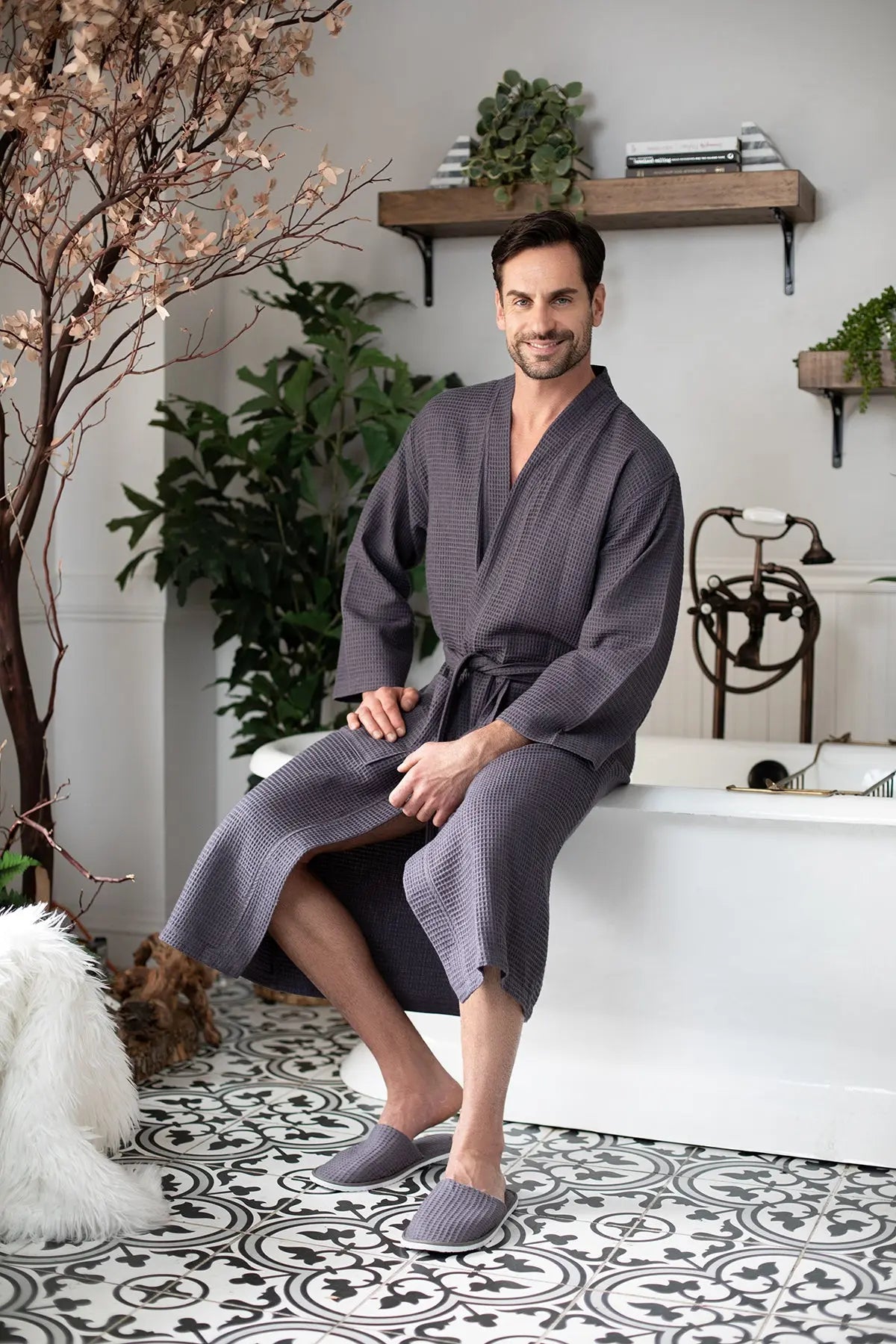 Waffle Kimono Spa Bathrobe for Men -  Absorbent, Lightweight