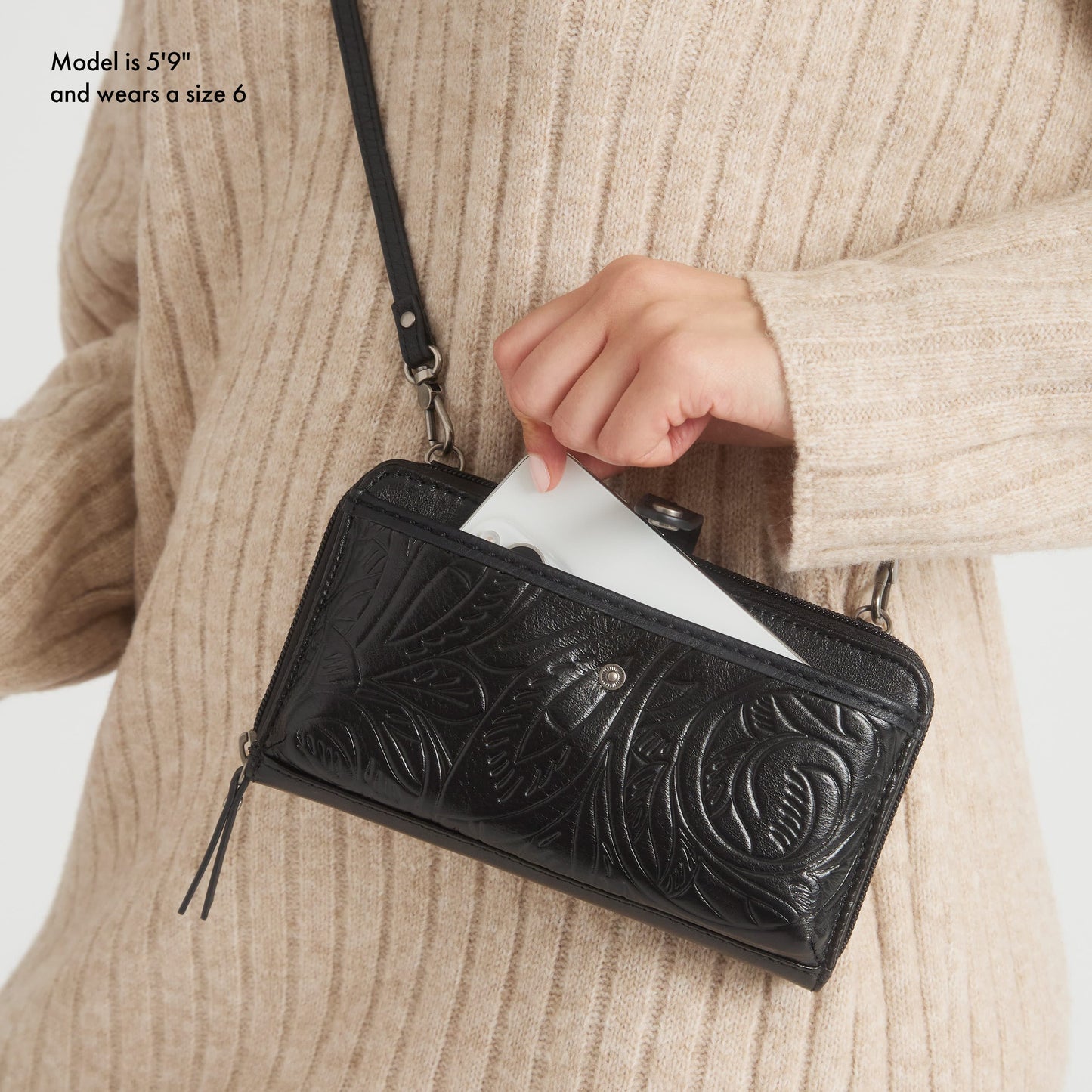 Iris Smartphone Wallet - Leather - Black Leaf Embossed