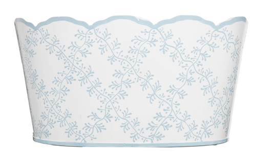 White & Pale Blue Trellis Scalloped Planter
