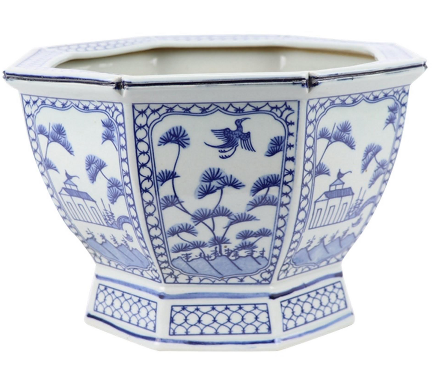 Mid Size Soft Blue Floral and Village Hexagon Planter