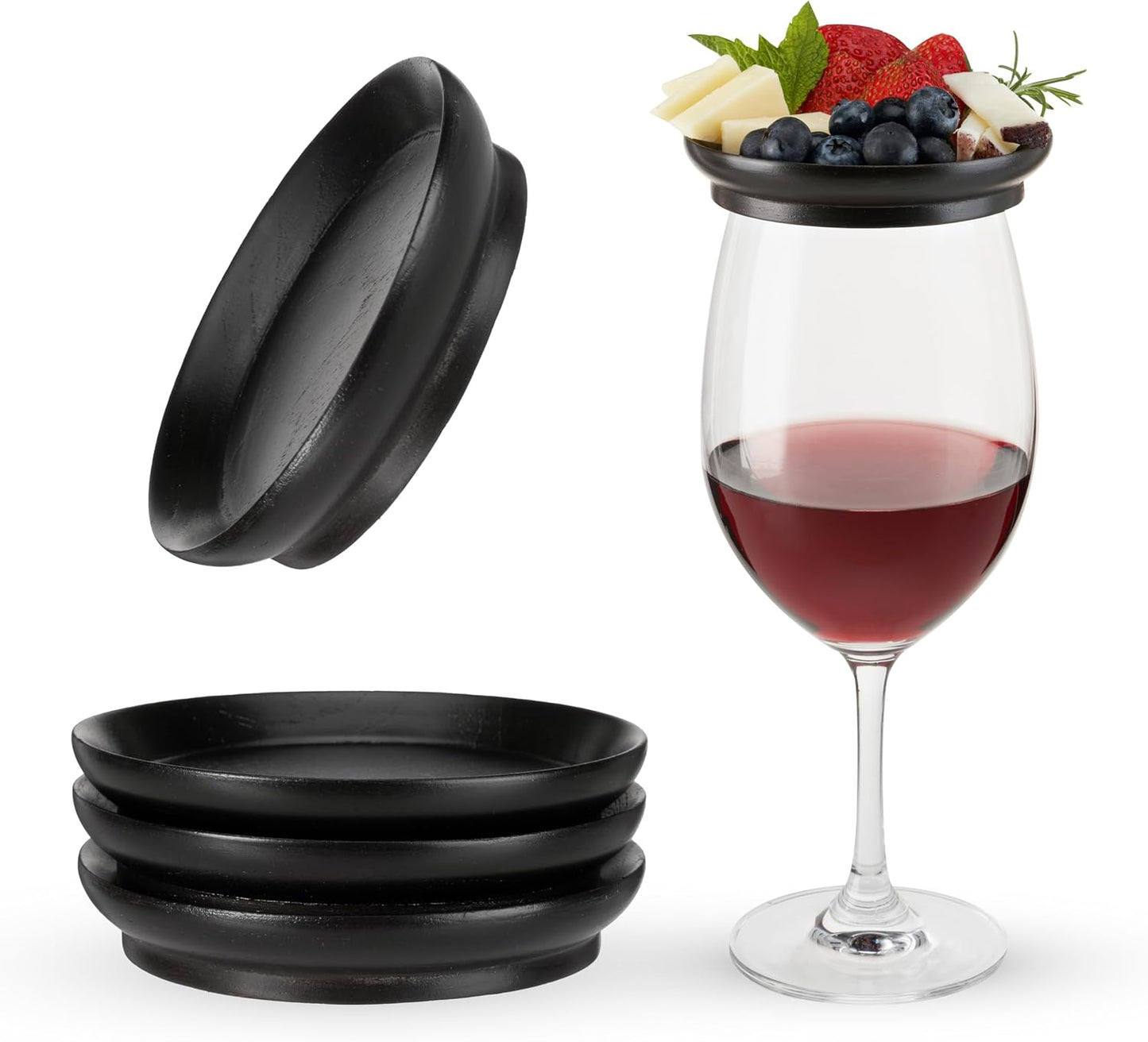 Twine Wooden Farmhouse Wine Glass Topper Appetizer Plates, Drink Cup Covers, Rustic Wine Glass Covers, Wine Accessories, Set of 4, Mahogany