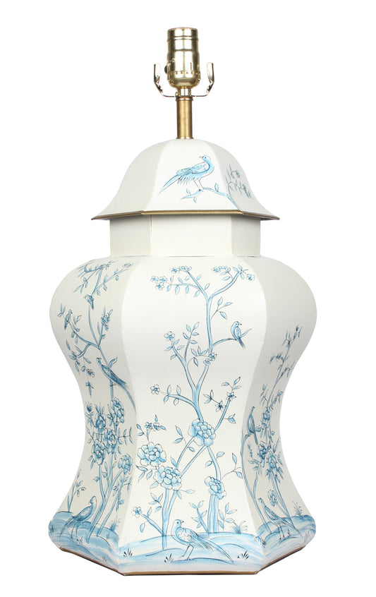 Ivory & Blue Scalloped Hexagon Lamp