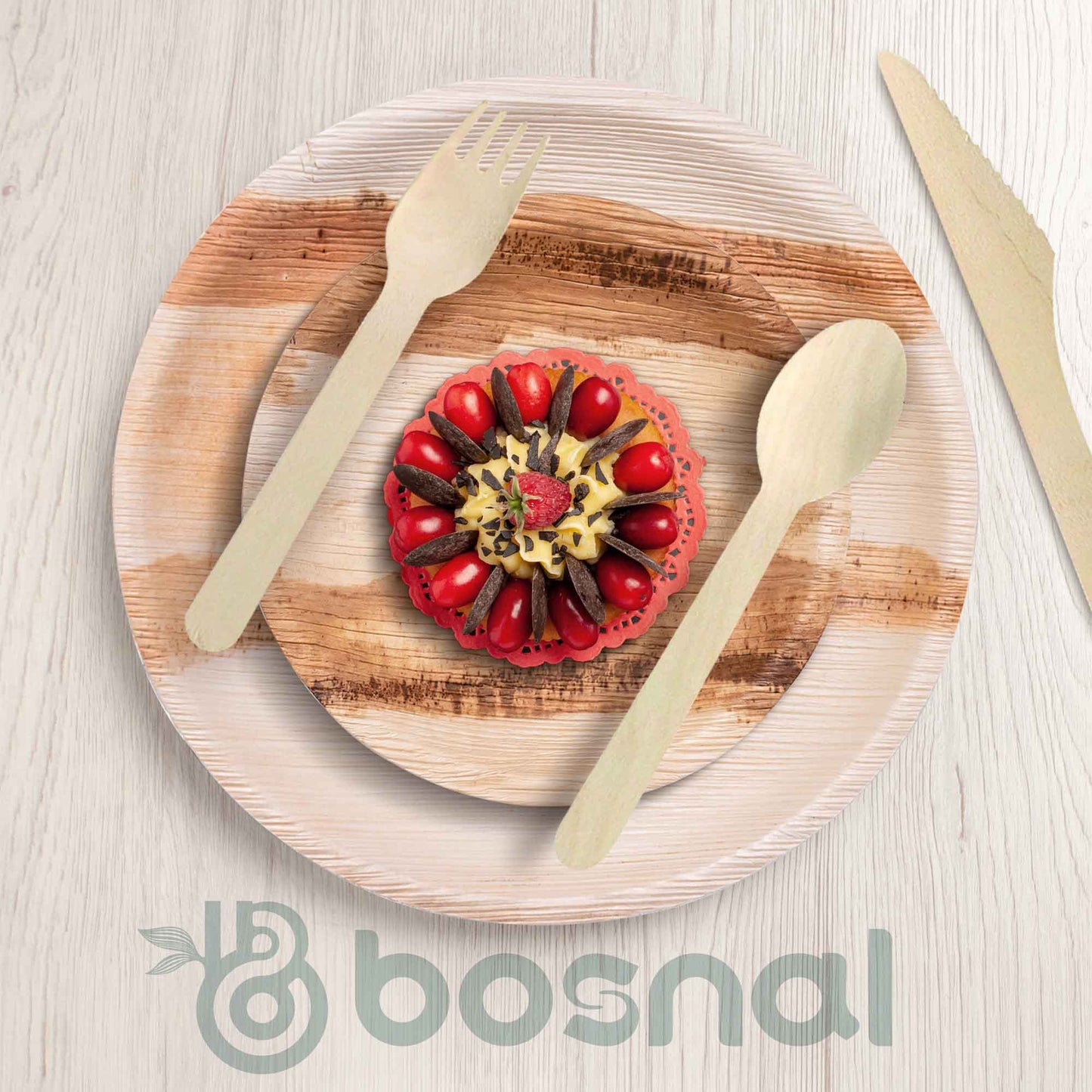 BOSNAL Palm Leaf Biodegradable 10" & 6" Round Plates and Cutlery Combo (25 Each Plates, 50 Forks, 25 Spoons, 25 Knives), Eco-Friendly, Compostable, Bamboo-Wood Style, Durable & Restaurant-Grade