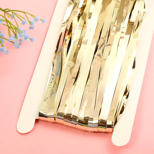 Champagne Gold Fringe Curtain Backdrop – Metallic Tinsel 6.5ft