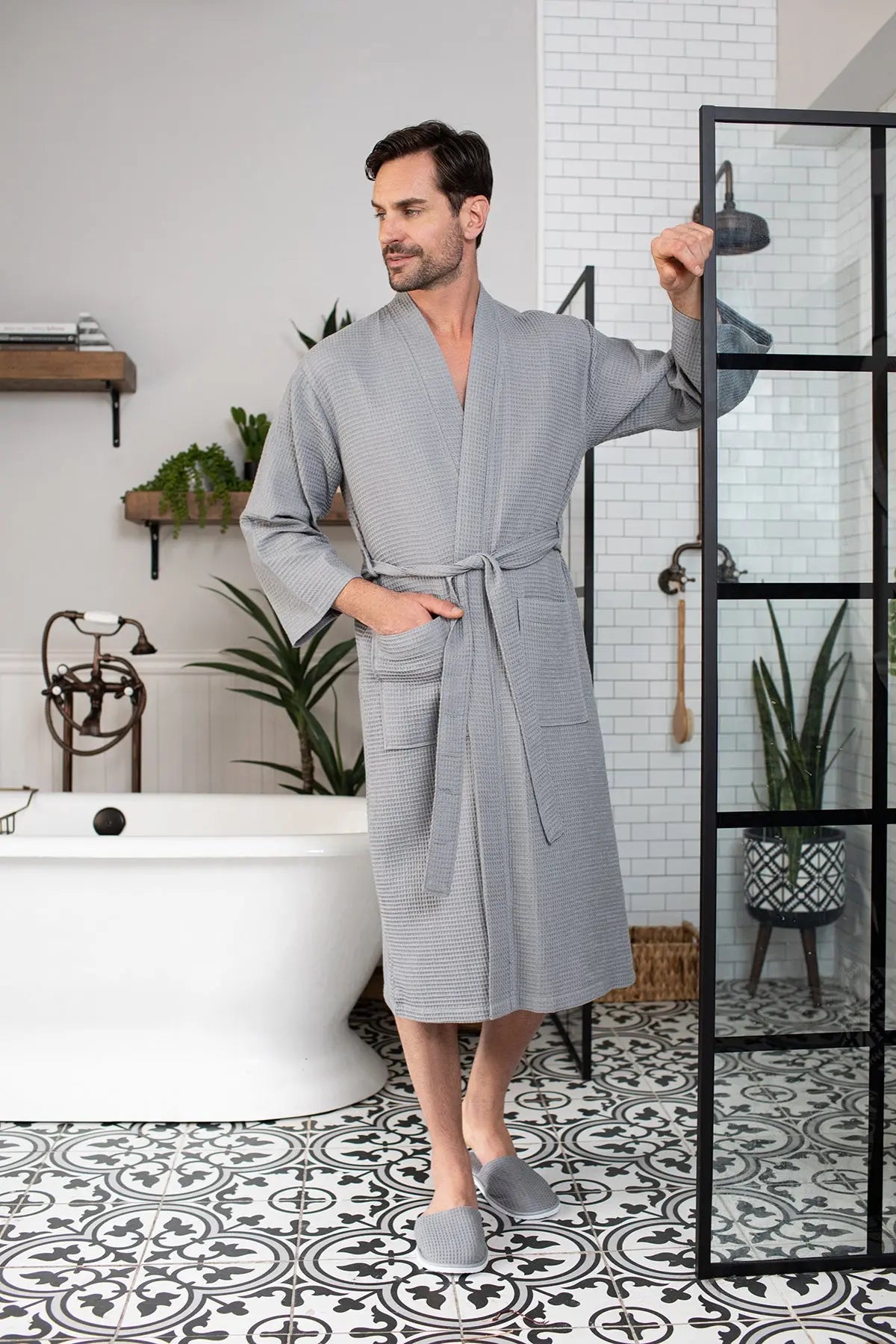 Waffle Kimono Spa Bathrobe for Men -  Absorbent, Lightweight