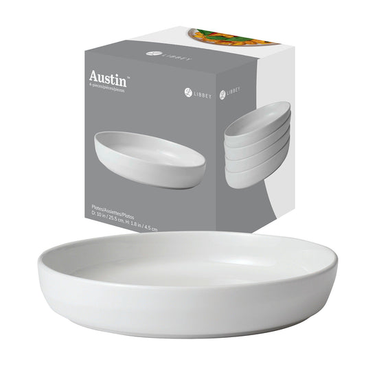 Libbey Austin 10 inch Porcelain Coupe Dinner Plate, Set of 4, White