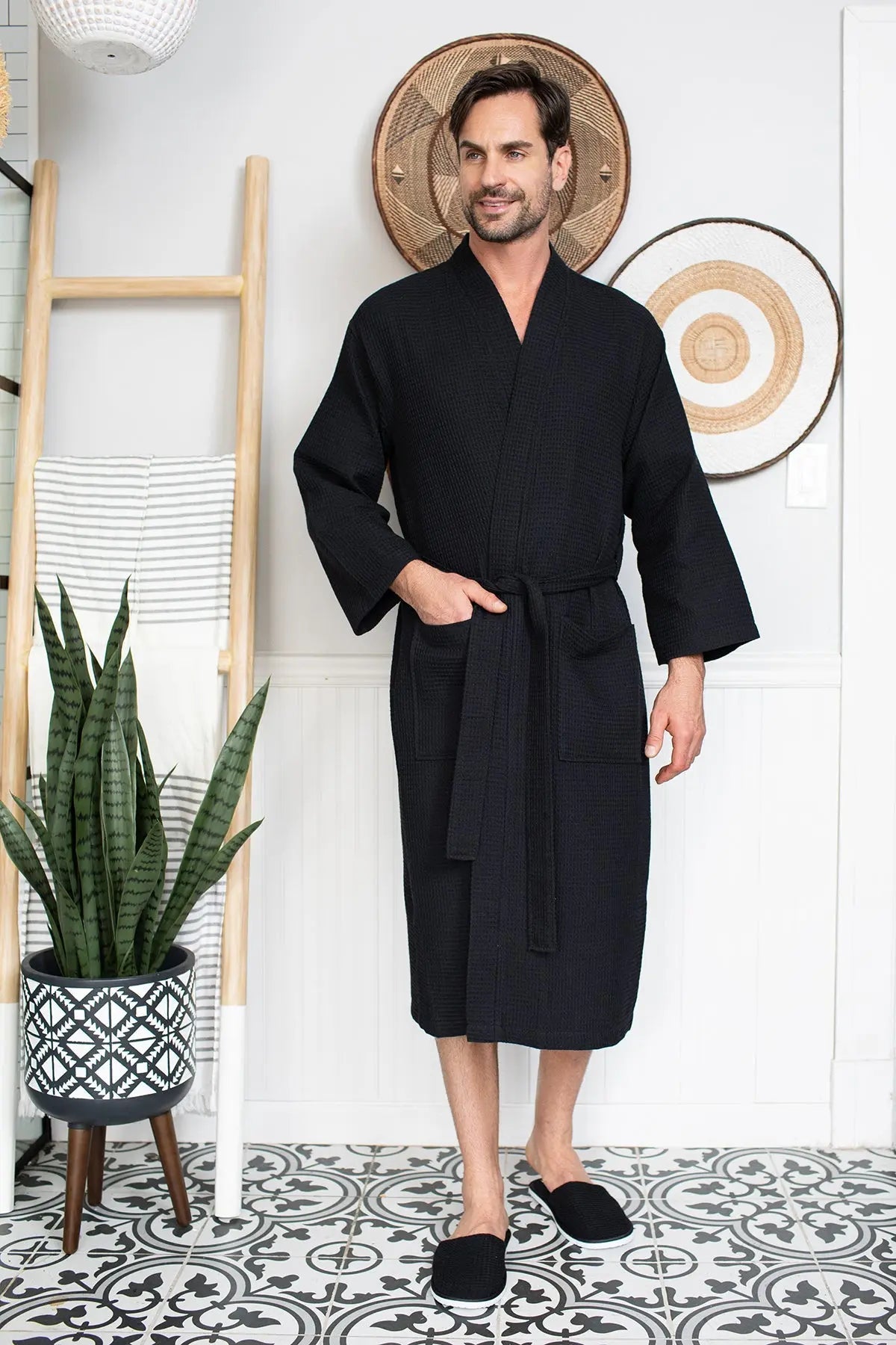 Waffle Kimono Spa Bathrobe for Men -  Absorbent, Lightweight