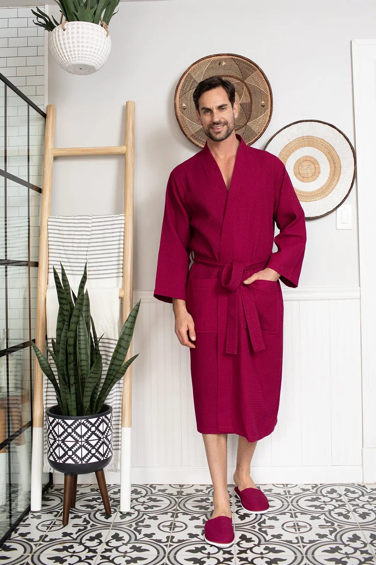 Waffle Kimono Spa Bathrobe for Men -  Absorbent, Lightweight