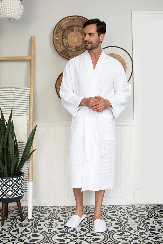 Waffle Kimono Spa Bathrobe for Men -  Absorbent, Lightweight